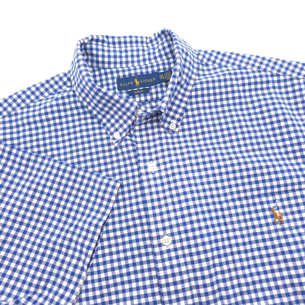 Ralph Lauren Mens XXL Slim Fit Blue Gingham Flesh Pony Short Sleeve Button Shirt